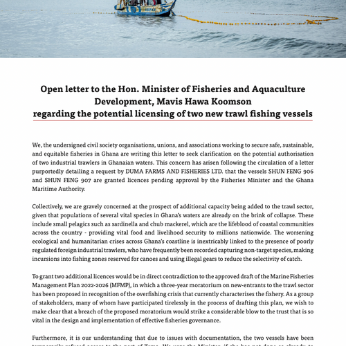 Open letter to the Hon. Minister of Fisheries and Aquaculture Development, Mavis Hawa Koomson regarding the potential licensing of the two new trawl fishing vessels