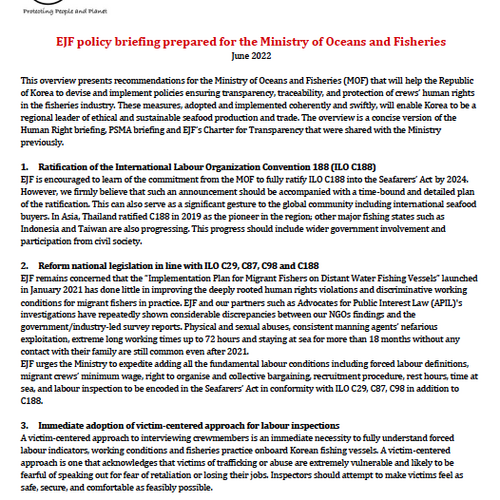 EJF policy briefing prepared for the Ministry of Oceans and Fisheries