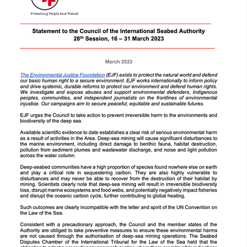 Erklärung an den Rat der Internationalen Meeresbodenbehörde (ISA)