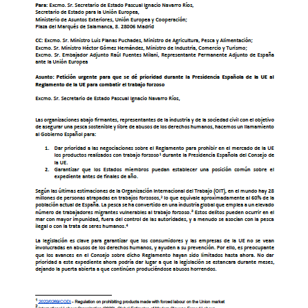 Petición urgente para que se dé prioridad durante la Presidencia Española de la UE al Reglamento de la UE para combatir el trabajo forzoso