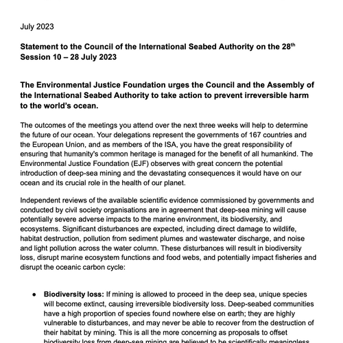 Erklärung an den Rat der Internationalen Meeresbodenbehörde zur 28. Sitzung vom 10. bis 28. Juli 2023