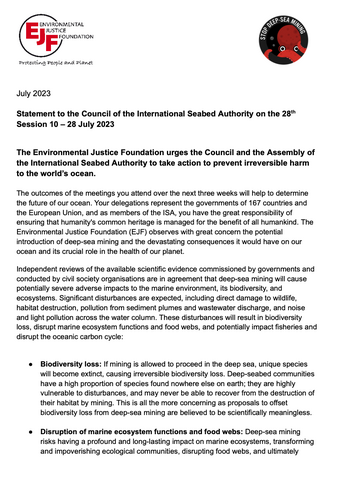Erklärung an den Rat der Internationalen Meeresbodenbehörde zur 28. Sitzung vom 10. bis 28. Juli 2023