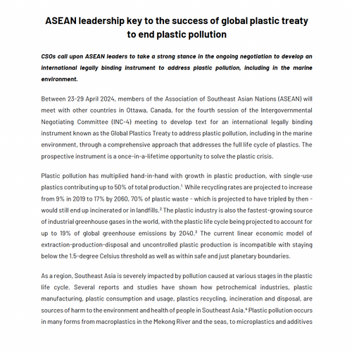 Joint statement: ASEAN leadership key to the success of global plastic treaty to end plastic pollution