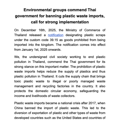 Environmental groups commend Thai government for banning plastic waste imports, call for strong implementation