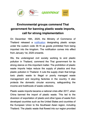 Environmental groups commend Thai government for banning plastic waste imports, call for strong implementation