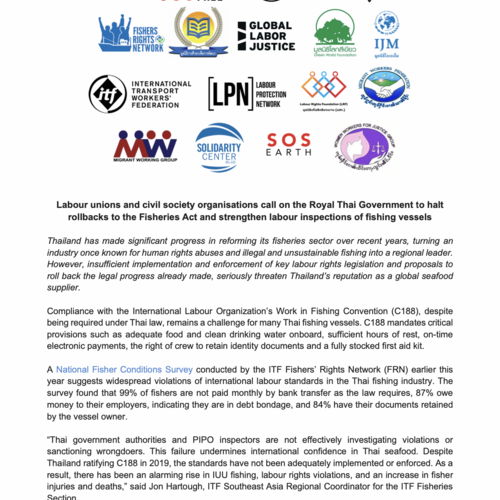 Labour unions and civil society organisations call on the Royal Thai Government to halt rollbacks to the Fisheries Act and strengthen labour inspections of fishing vessels