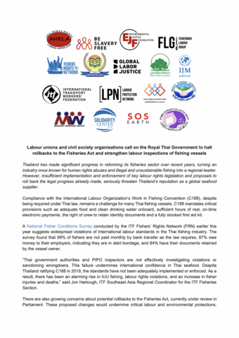 Labour unions and civil society organisations call on the Royal Thai Government to halt rollbacks to the Fisheries Act and strengthen labour inspections of fishing vessels