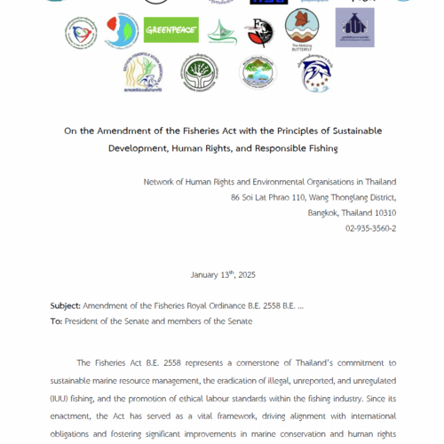 Open letter on the amendment of Thailand's Fisheries Act and the principles of sustainable development, human rights and responsible fishing