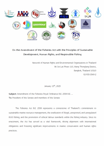 Open letter on the amendment of Thailand's Fisheries Act and the principles of sustainable development, human rights and responsible fishing