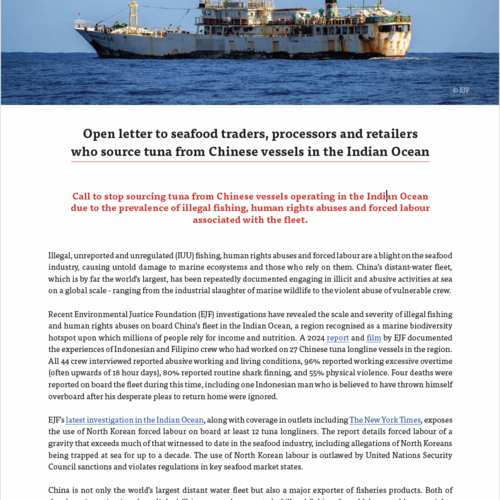 Open letter to seafood traders, processors and retailers who source tuna from Chinese vessels in the Indian Ocean