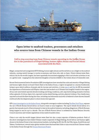 Open letter to seafood traders, processors and retailers who source tuna from Chinese vessels in the Indian Ocean
