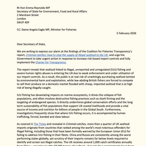 Parliamentary letter on UK's seafood imports