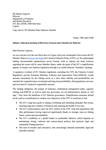 Joint letter to Cyprus EU Presidency: Upholding the common fisheries policy at the EU Fisheries Directors General and Attachés informal meeting in Cyprus