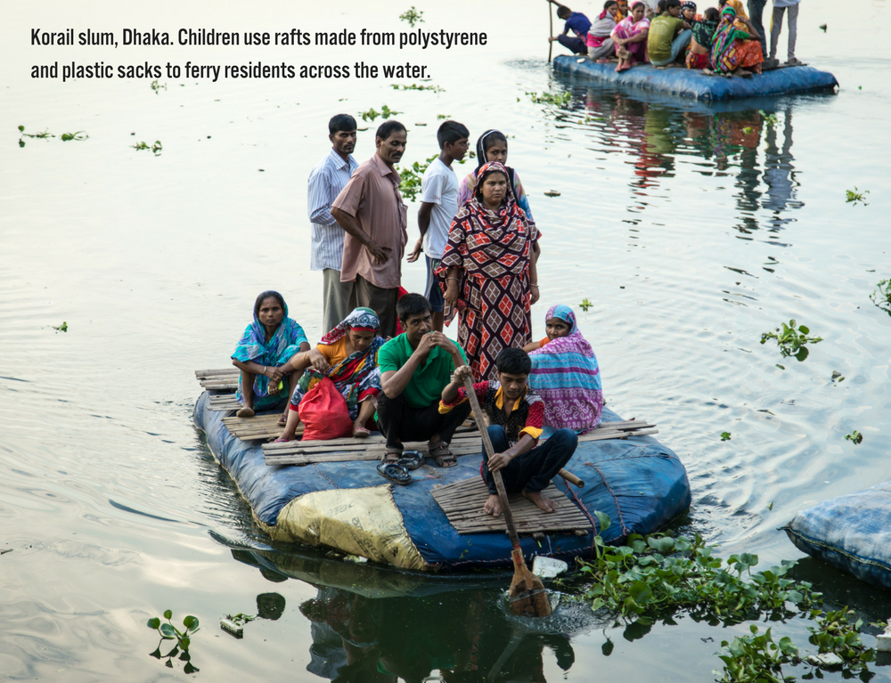 Korail Slum Dhaka  Children Use Rafts Made From Polystyrene And Plastic Sacks To Ferry Residents Across The Water