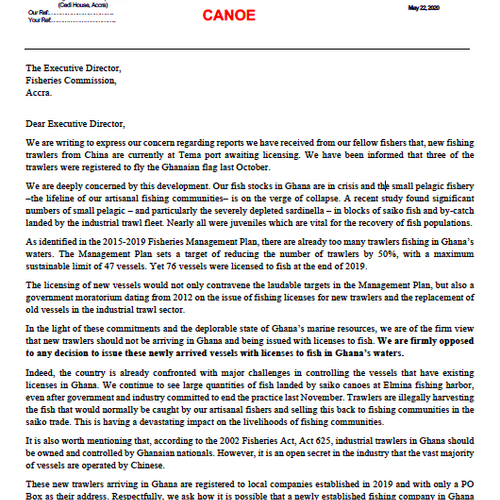 Open letter opposing new trawler licences from the Ghana National Canoe Fishermen Council
