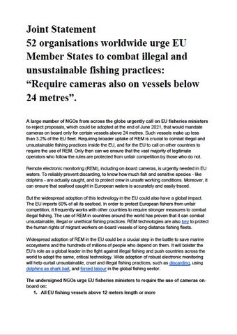 Joint Statement - 52 organisations worldwide urge EU Member States to combat illegal and unsustainable fishing practices: “Require cameras also on vessels below 24 metres”
