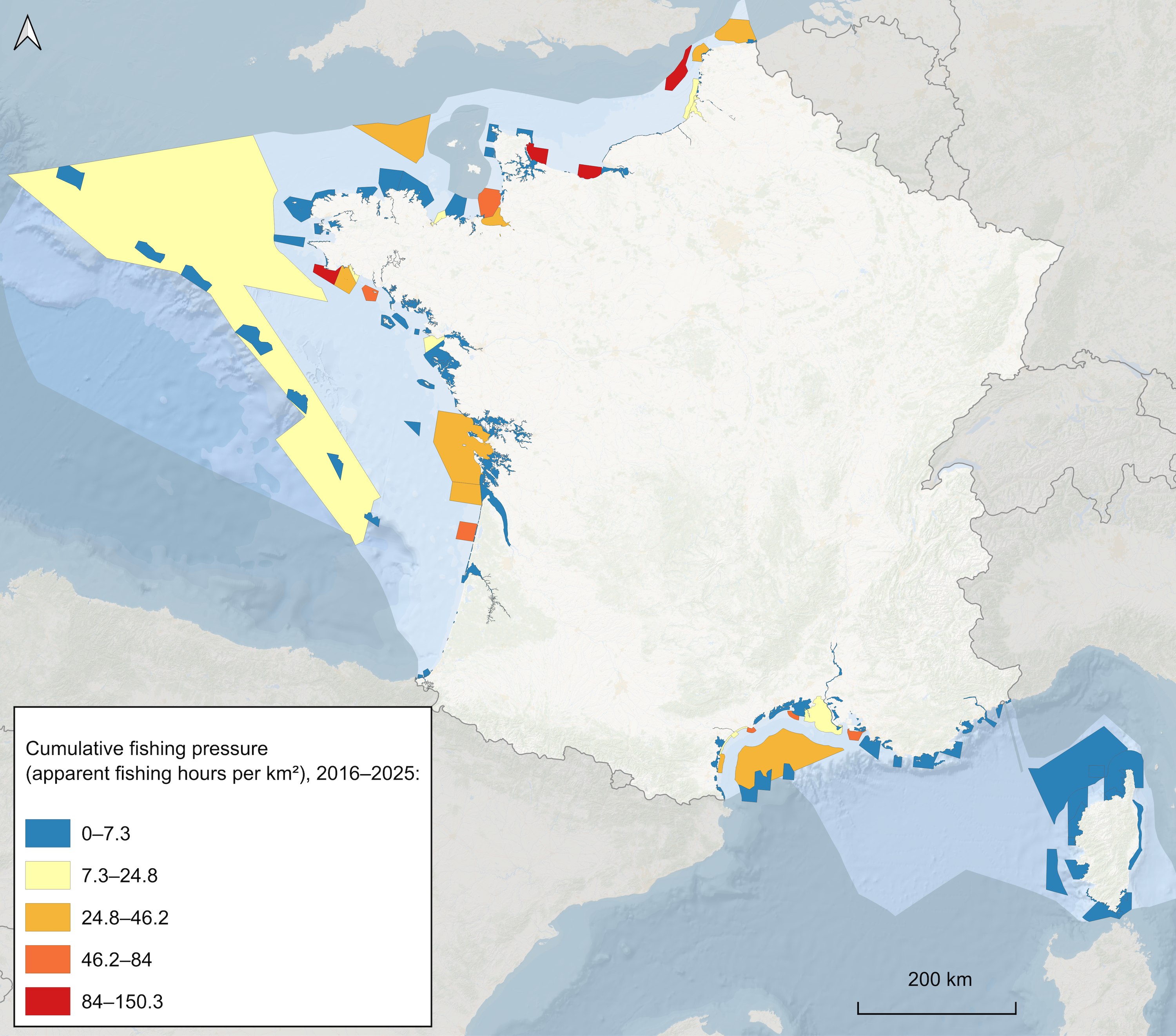 FRA Cumulative trawling pressure in SA Cs 2016 2025 per km2 per site
