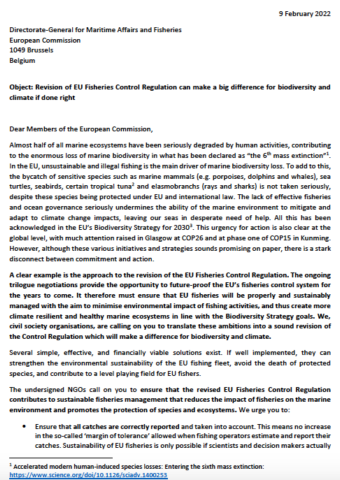Revision of EU Fisheries Control Regulation can make a big difference for biodiversity and climate if done right: open letter to the Directorate-General for Maritime Affairs and Fisheries