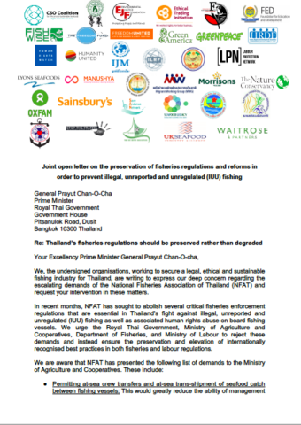 Joint open letter on the preservation of fisheries regulations and reforms in order to prevent illegal, unreported and unregulated fishing