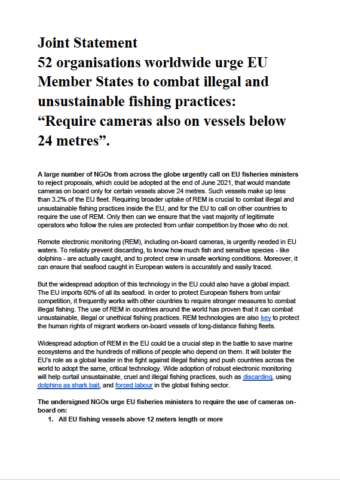Joint Statement - 52 organisations worldwide urge EU Member States to combat illegal and unsustainable fishing practices: “Require cameras also on vessels below 24 metres”